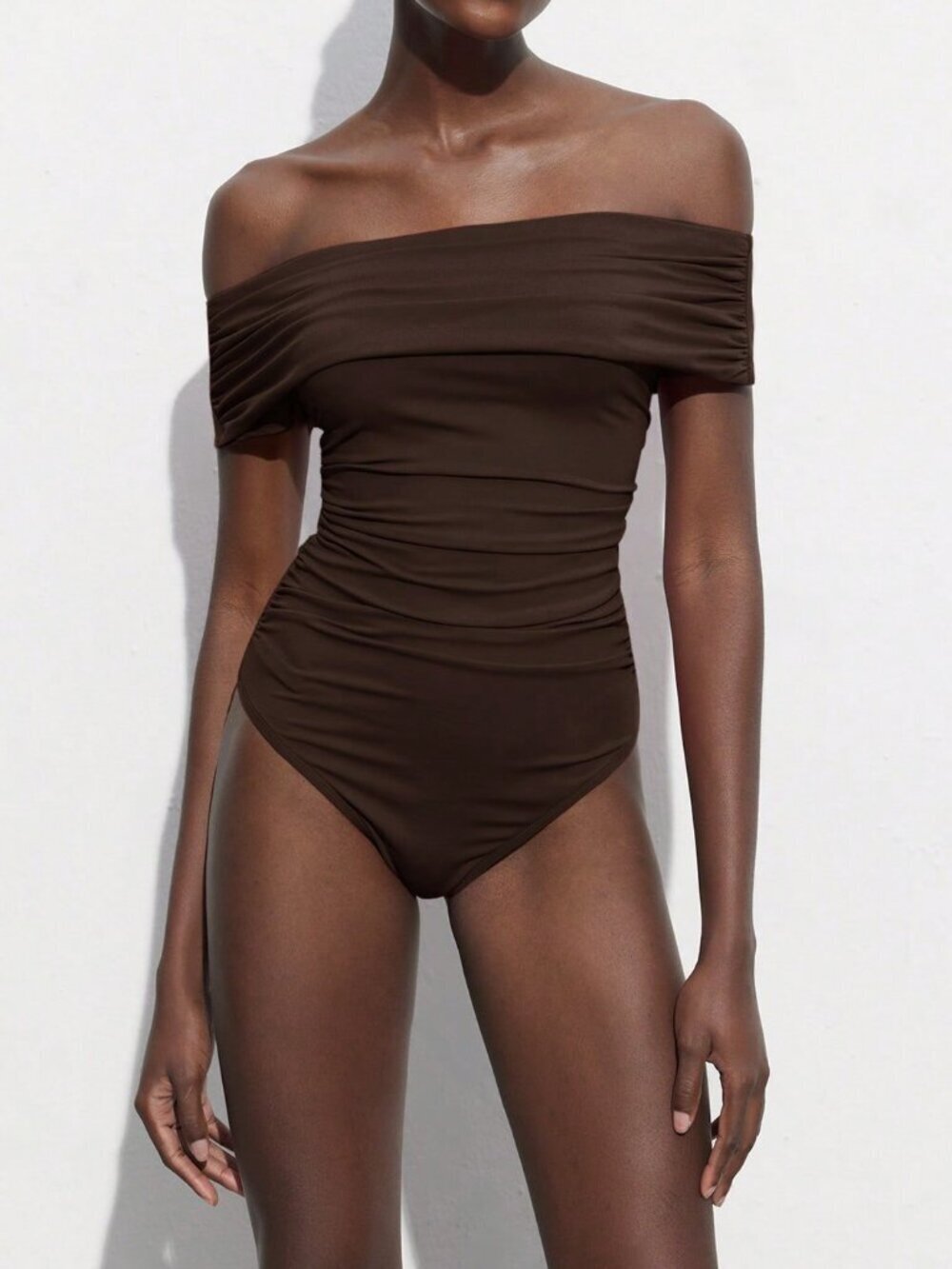 Brown Casual Fitted Off-Shoulder Women's Bodysuit Top